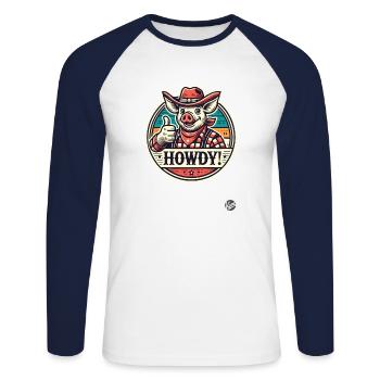 Western Parody Cowboy Pig Howdy - Unisex Long Sleeve Baseball T-Shirt - white/navy - Front - Nik (191cm)