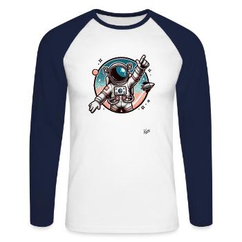 Un astronaute pointe vers la galaxie - T-shirt baseball manches longues Homme - blanc/marine - Devant - Nik (191cm)
