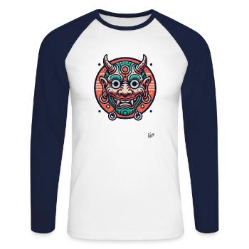 Masque Oni japonais cool - T-shirt baseball manches longues Homme - blanc/marine - Devant - Nik (191cm)