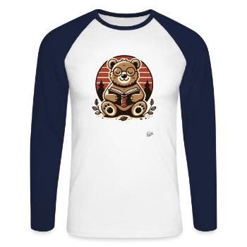 Clever bear reading a book - Unisex Long Sleeve Baseball T-Shirt - white/navy - Front - Nik (191cm)
