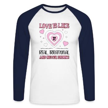 L’amour est comme Pi réel, irrationnel et sans fin - T-shirt baseball manches longues Homme - blanc/marine - Devant - Nik (191cm)