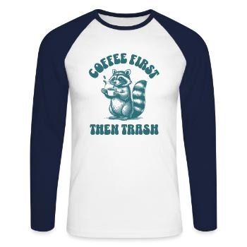 Coffee First Then Trash Cute Raccoon Coffee Lover - Unisex Long Sleeve Baseball T-Shirt - white/navy - Front - Nik (191cm)