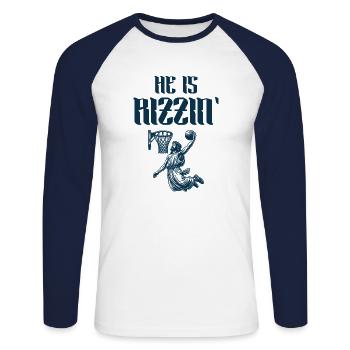 He Is Rizzin' Funny Basketball Retro Christian - Unisex Long Sleeve Baseball T-Shirt - white/navy - Front - Nik (191cm)