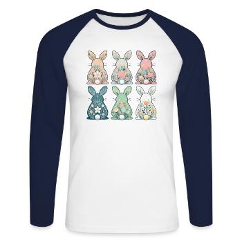 Ostern Vintage Stil Blumenhasen Design - Unisex Baseballshirt langarm - Weiß/Navy - Vorne - Nik (191cm)