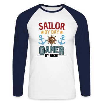 Dicton sur la voile et les jeux d’argent - T-shirt baseball manches longues Homme - blanc/marine - Devant - Nik (191cm)