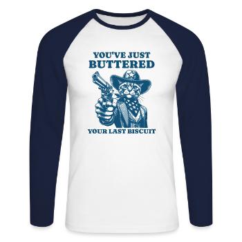 Vous venez de beurrer votre dernier biscuit Cowboy Cat - T-shirt baseball manches longues Homme - blanc/marine - Devant - Nik (191cm)
