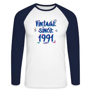 Vintage Since 1991 Graffiti Glitch 34ème Bday Vibes - T-shirt baseball manches longues Homme - blanc/marine - Devant - Nik (191cm)