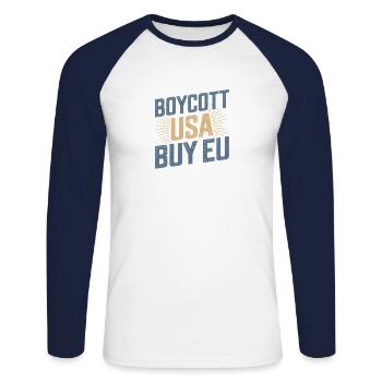 Pro-Europe Boycott USA Acheter UE - T-shirt baseball manches longues Homme - blanc/marine - Devant - Nik (191cm)