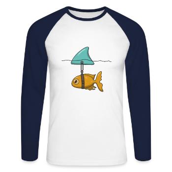 Poisson rouge avec nageoire de requin - T-shirt baseball manches longues Homme - blanc/marine - Devant - Nik (191cm)