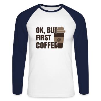 OK, MAIS PREMIER CAFÉ - T-shirt baseball manches longues Homme - blanc/marine - Devant - Nik (191cm)