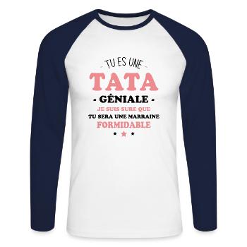 Une tata géniale et une marraine formidable - T-shirt baseball manches longues Homme - blanc/marine - Devant - Nik (191cm)