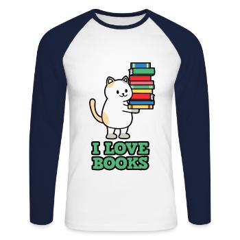 I love books Katze - Unisex Baseballshirt langarm - Weiß/Navy - Vorne - Nik (191cm)