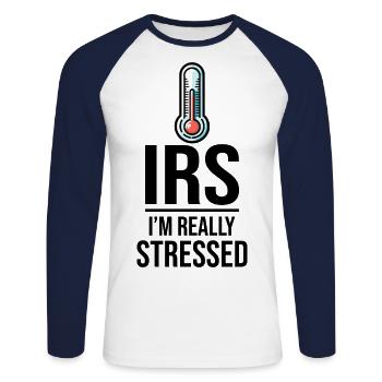 Thermomètre fiscal : les niveaux de stress de l’IRS augmentent - T-shirt baseball manches longues Homme - blanc/marine - Devant - Nik (191cm)