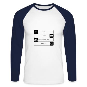 Eat Sleep Motorcycling Repeat Motorradfahrerin - Unisex Baseballshirt langarm - Weiß/Navy - Vorne - Nik (191cm)