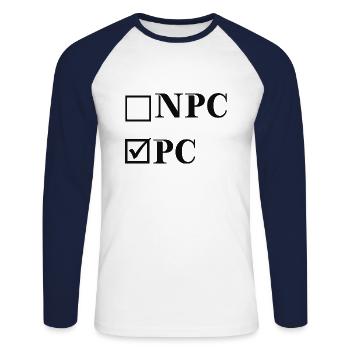 NPC vs PC - witzige Geschenkidee - Gaming lustig - Unisex Baseballshirt langarm - Weiß/Navy - Vorne - Nik (191cm)