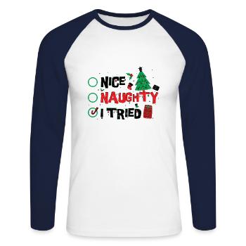 Nice Naughty I Tried - Weihnachten - Unisex Baseballshirt langarm - Weiß/Navy - Vorne - Nik (191cm)