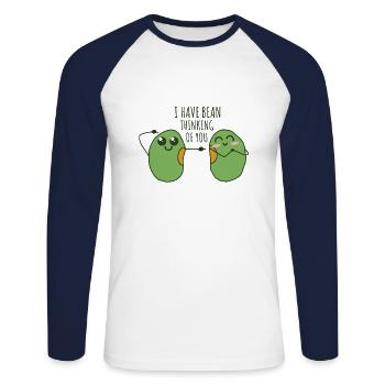 Jeu de mots: j'ai pensé à toi - T-shirt baseball manches longues Homme - blanc/marine - Devant - Nik (191cm)