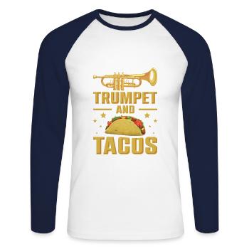 Drôle de trompette et tacos pour trompettiste - T-shirt baseball manches longues Homme - blanc/marine - Devant - Nik (191cm)