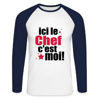 ICI LE chef C'est moi - T-shirt baseball manches longues Homme - blanc/marine - Devant - Nik (191cm)