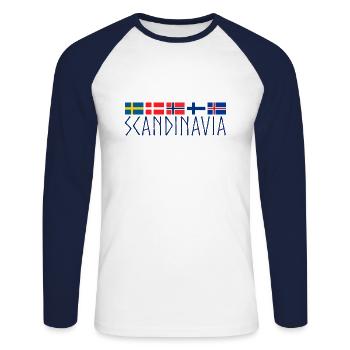 DRAPEAUX SCANDINAVIA | Idée cadeau nordique - T-shirt baseball manches longues Homme - blanc/marine - Devant - Nik (191cm)