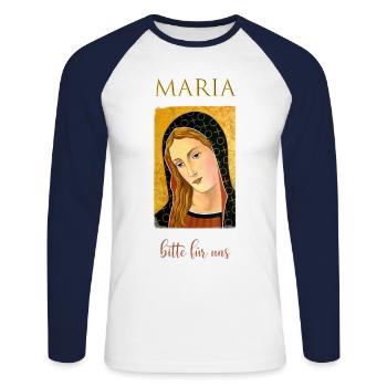 Maria bitte fuer mich - Unisex Baseballshirt langarm - Weiß/Navy - Vorne - Nik (191cm)