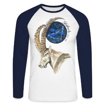 Sternzeichen Steinbock mit Datum und Sternbild - Unisex Baseballshirt langarm - Weiß/Navy - Vorne - Nik (191cm)