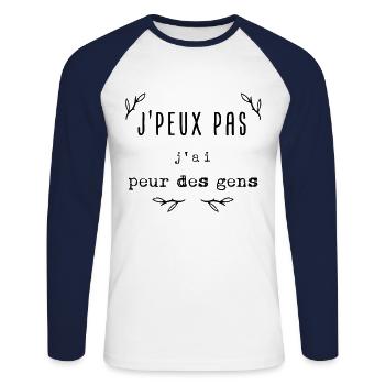 J'peux pas j'ai peur des gens Cadeau tshirt - T-shirt baseball manches longues Homme - blanc/marine - Devant - Nik (191cm)