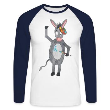 Esel mit Pinsel und Farbpalette - Unisex Baseballshirt langarm - Weiß/Navy - Vorne - Nik (191cm)