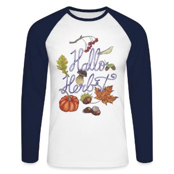 Hello autumn with pumpkin and autumn motifs - Unisex Long Sleeve Baseball T-Shirt - white/navy - Front - Nik (191cm)