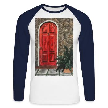 red door in natural stone wall with plant in front of it - Unisex Long Sleeve Baseball T-Shirt - white/navy - Front - Nik (191cm)