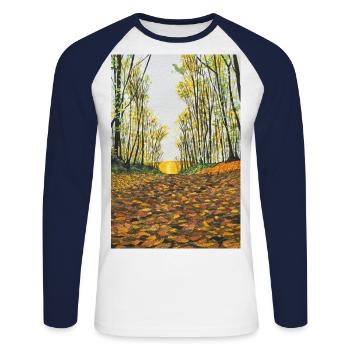 Herbst Wald Herbstwald Waldspaziergang Hygge - Unisex Baseballshirt langarm - Weiß/Navy - Vorne - Nik (191cm)