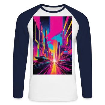 Paysage urbain aux néons vibrants, art urbain futuriste - T-shirt baseball manches longues Homme - blanc/marine - Devant - Nik (191cm)
