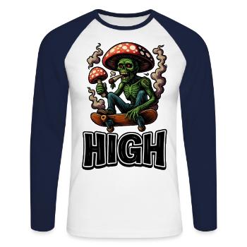 Zombie, champignon et vibrations de skate - T-shirt baseball manches longues Homme - blanc/marine - Devant - Nik (191cm)