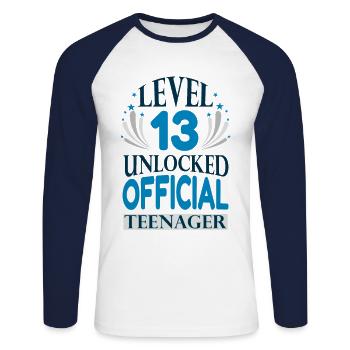 Adolescent anniversaire niveau 13 débloqué - T-shirt baseball manches longues Homme - blanc/marine - Devant - Nik (191cm)
