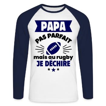 Papa pas parfait, mais au rugby je déchire - T-shirt baseball manches longues Homme - blanc/marine - Devant - Nik (191cm)