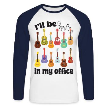 Je serai dans mon bureau! Avec ukulélés - T-shirt baseball manches longues Homme - blanc/marine - Devant - Nik (191cm)