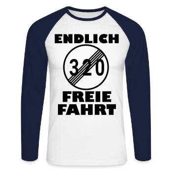 Endlich freie Fahrt - Ende der 320 Beschränkung - Unisex Baseballshirt langarm - Weiß/Navy - Vorne - Nik (191cm)