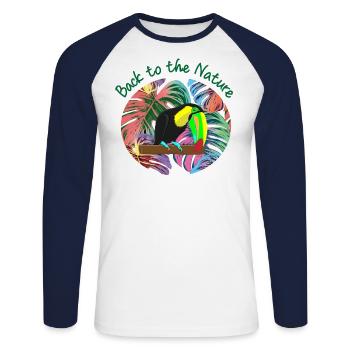Toucan, oiseau exotique - T-shirt baseball manches longues Homme - blanc/marine - Devant - Nik (191cm)