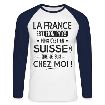 Suisse c est chez moi Humour franco suisse - T-shirt baseball manches longues Homme - blanc/marine - Devant - Nik (191cm)