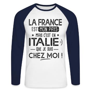 Italie c est chez moi Humour franco italien - T-shirt baseball manches longues Homme - blanc/marine - Devant - Nik (191cm)