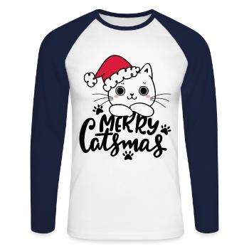 Drôles de chats de Noël - T-shirt baseball manches longues Homme - blanc/marine - Devant - Nik (191cm)