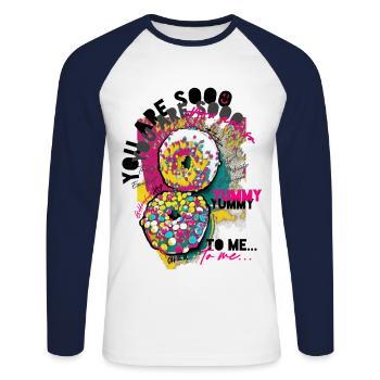 Donut - Donut Day - Gâteaux et desserts XO729 - T-shirt baseball manches longues Homme - blanc/marine - Devant - Nik (191cm)