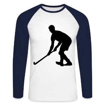 Hockey Feldhockey Geschenkidee - Unisex Baseballshirt langarm - Weiß/Navy - Vorne - Nik (191cm)