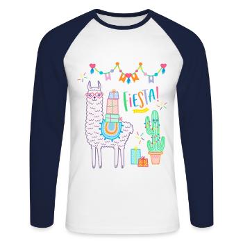 Anniversaire de cadeau d'alpaga comique rose de Llama Fiesta - T-shirt baseball manches longues Homme - blanc/marine - Devant - Nik (191cm)
