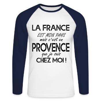 Provence c'est chez moi cadeau message Provence - T-shirt baseball manches longues Homme - blanc/marine - Devant - Nik (191cm)