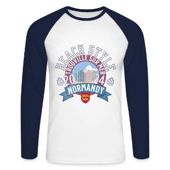 Strandstil Normandie Trouville - Unisex Baseballshirt langarm - Weiß/Navy - Vorne - Nik (191cm)