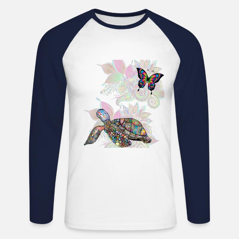 turtle and butterfly - Unisex Baseballshirt langarm - Weiß/Navy