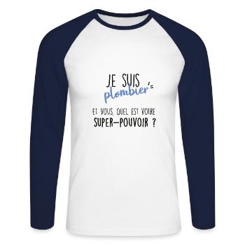 je suis plombier - T-shirt baseball manches longues Homme - blanc/marine - Devant - Nik (191cm)