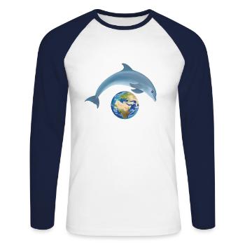Schützen wir die Umwelt, Delfine und Tiere - Unisex Baseballshirt langarm - Weiß/Navy - Vorne - Nik (191cm)