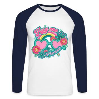 Umarme mich bitte, - Unisex Baseballshirt langarm - Weiß/Navy - Vorne - Nik (191cm)